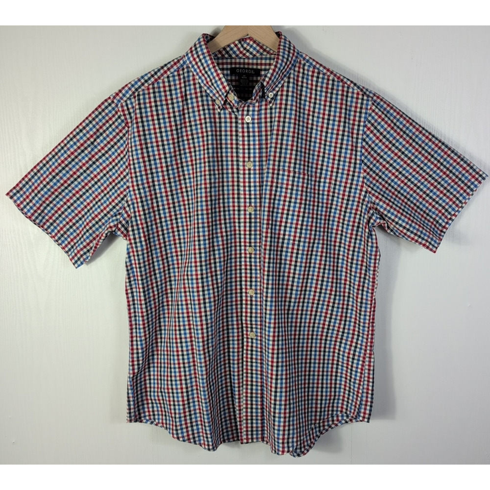 George Men’s Large Short Sleeve Button Down Shirt Red Blue Plaid Casual